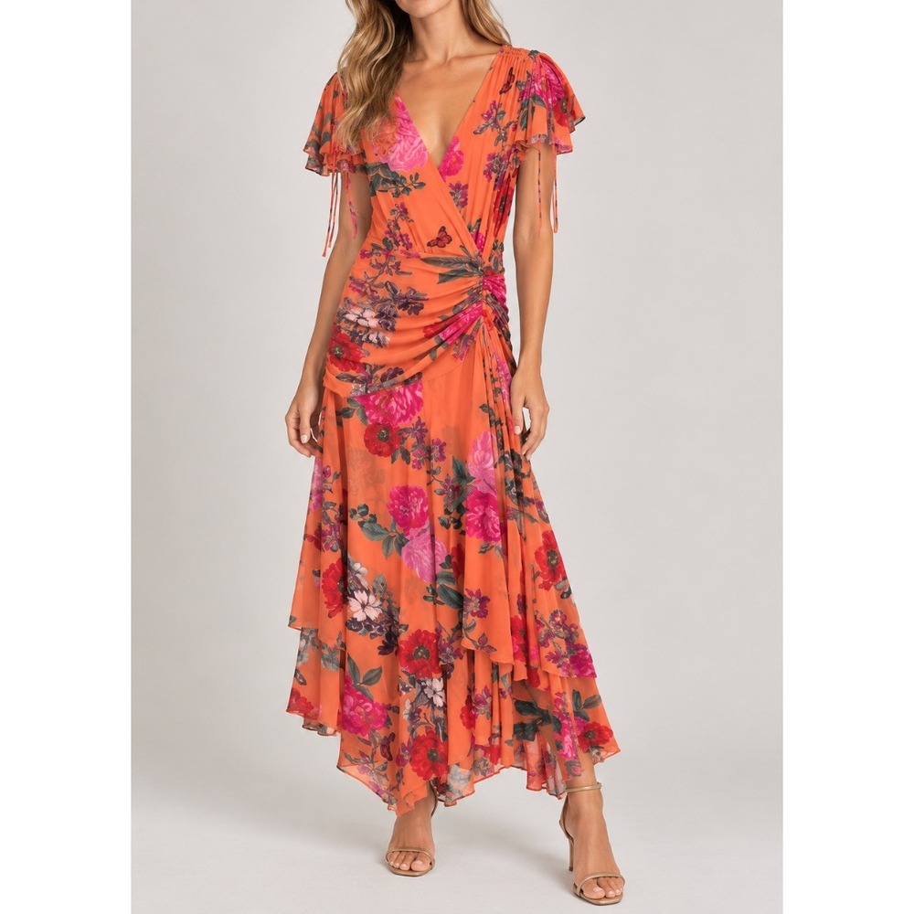 Maeve Anthropologie Orange Floral Butterfly Mesh Ruched Midi Dress Small Simone